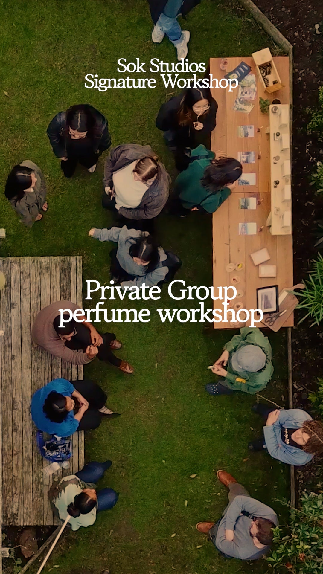 Auckland private group perfume workshop by Sok Studios, guests gathered outdoors making handmade incense and custom fragrances during signature fragrance class